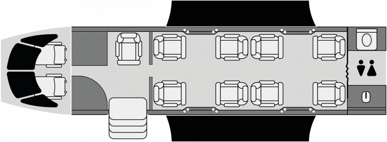 Plano de cabina del Cessna Citation Sovereign mostrando distribución de asientos ejecutivos