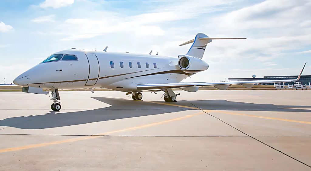 Jet privado CHALLENGER 300 estacionado en pista en México, listo para vuelos ejecutivos