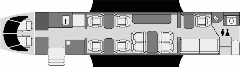 Plano de cabina del Falcon 7X con distribución de lujo para vuelos privados México-USA