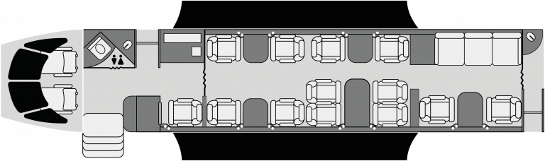 Plano de cabina del Global Express con distribución de lujo para vuelos privados México-USA