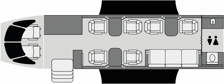 Distribución de cabina Gulfstream G200 con espacio para 8-10 pasajeros