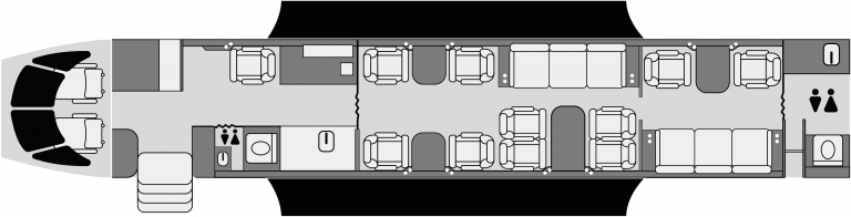 Plano de cabina Gulfstream G650 con distribución de asientos, camas y espacios de trabajo