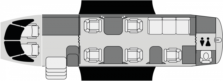 Plano de cabina del Hawker 800XP con configuración ejecutiva de 8 plazas