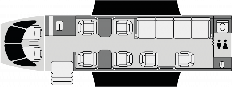 Cabina del Legacy 500 con diseño de piso plano y configuración ejecutiva