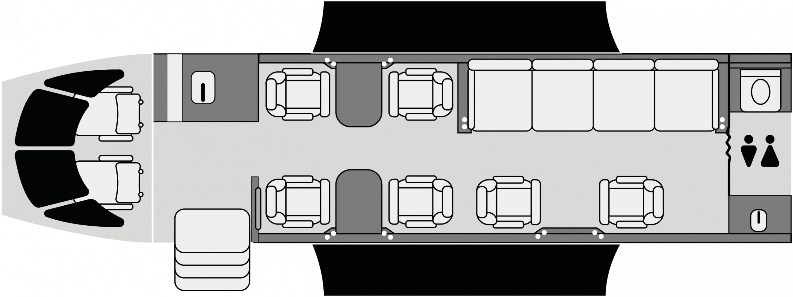 Cabina del Legacy 500 con diseño de piso plano y configuración ejecutiva