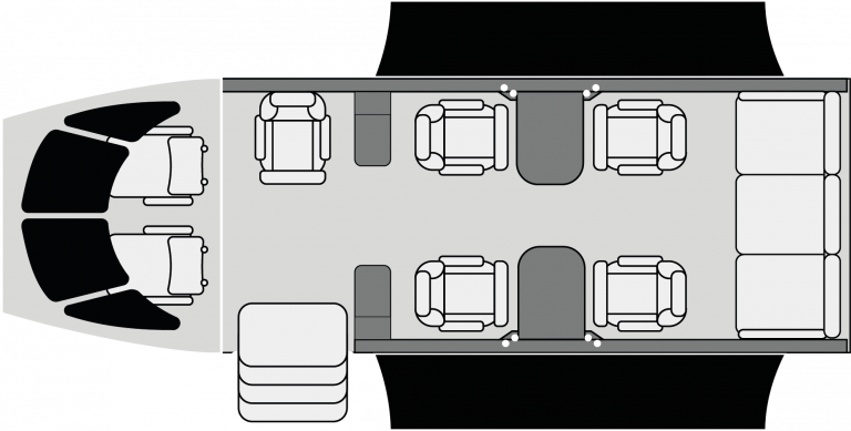 Diseño interior del Learjet 35A con distribución ejecutiva básica