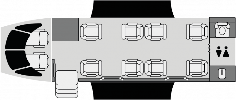 Plano del interior del Learjet 75 con diseño para vuelos ejecutivos premium