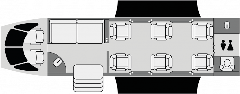 Plano interior del Phenom 300 con configuración de cabina ejecutiva para 6-7 pasajeros