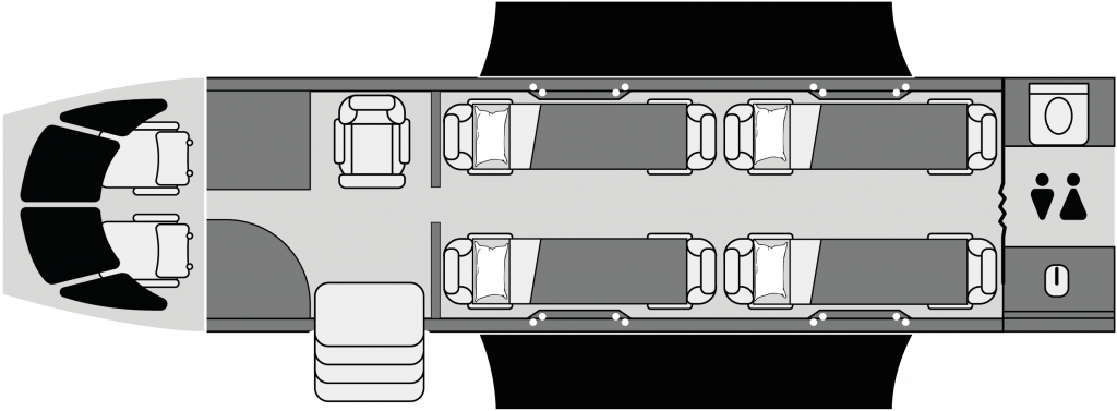Plano de cabina del Cessna Citation Sovereign mostrando distribución de asientos ejecutivos