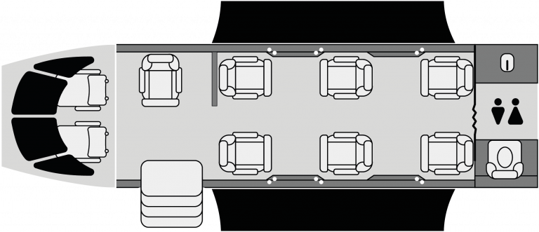 Plano de cabina del Cessna Citation CJ3 con distribución para 6 pasajeros