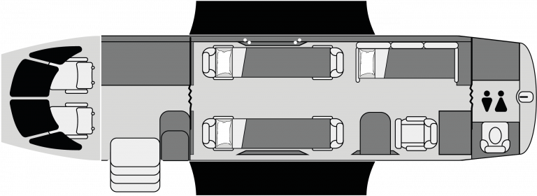 Plano de cabina del Hawker 800XP con configuración ejecutiva de 8 plazas
