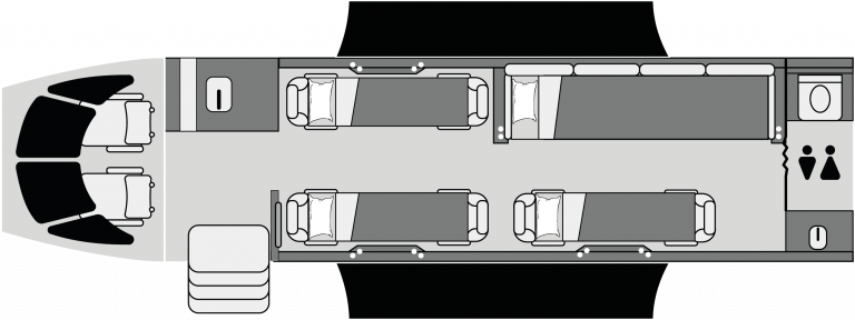 Cabina del Legacy 500 con diseño de piso plano y configuración ejecutiva