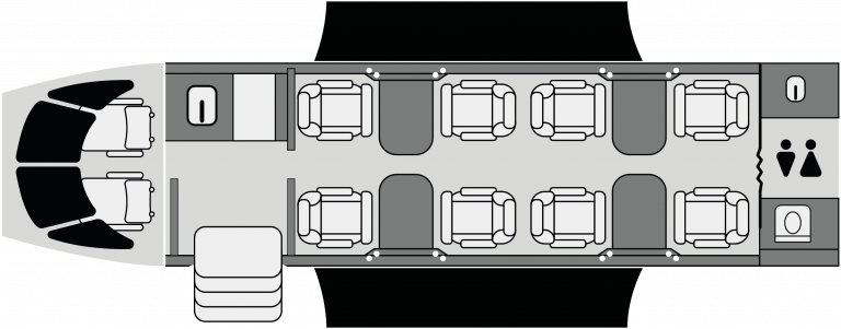 Plano interior del Pilatus PC-24 mostrando configuración de cabina ejecutiva versátil