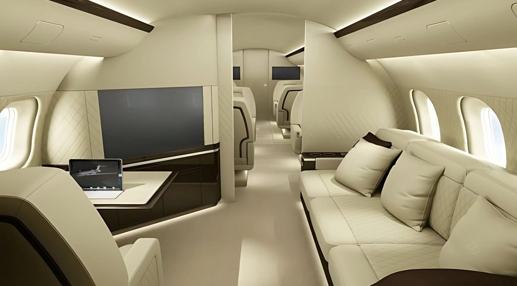 Interior del jet Global Express con acabados premium, sala de reuniones y confort total
