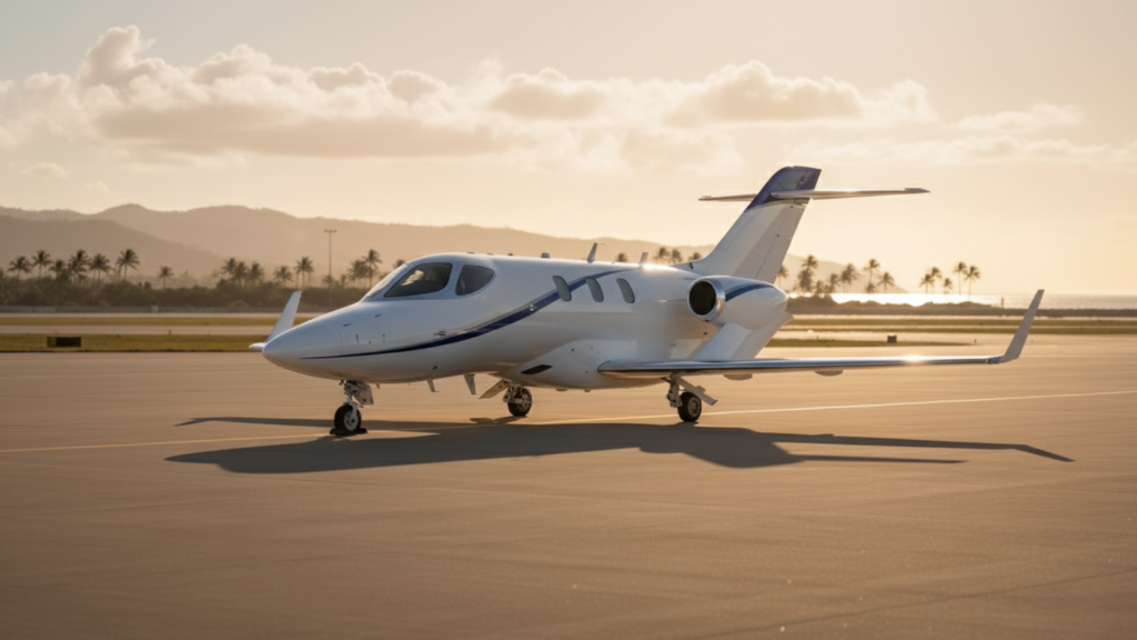 Honda Jet en plataforma con paisaje tropical, vuelos a destinos de playa.